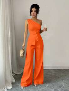 Palazzo elegante escote asimetrico un hombro detalle cintura pierna amplia suelta para mujer primavera verano comodidad frescura y estilo caida fluida que estiliza tu figura tela alta calidad suave ligero transpirable corte holgado y favorecedor - Naranja - Ver 2