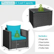 3PCS Patio Rattan Wicker Furniture Set Sofa Table W/Cushion Turquoise - 預設 - 查看 2