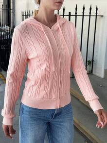 Y2K Stil Damen Casual Pendler einfarbiger Reißverschluss Seitentasche Design Kapuzen Strickjacke, Herbst - Pink - Übersicht 7