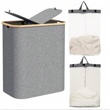 سلة غسيل مزدوجة مع غطاء، سلة غسيل كبيرة مع حقيبتين قابلتين للفصل داخلها، سلة تخزين ملابس متسخة قابلة للطي للاستخدام في غرف الغسيل والحمامات والمدارس الداخلية، أدوات تنظيم المنزل، لوازم العودة إلى المدرسة