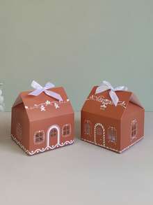 12pcs House Shaped Christmas Paper Treat Boxes With White Ribbon, 4 Assorted Patterns, Ideal For Xmas Decor, New Year, Housewarming, Holiday Party & Tabletop Ornament - Color Mixing - View 3