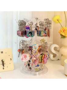 1pc Adjustable 2-Tier Rotating Key Holder Display Stand, Multifunctional Plastic Desktop Organizer Rack For Storing Keychains, Badges, Jewelry, Necklaces, Bracelets And Accessories - Multipurpose Collection And Prize Rack, Ideal For Valentine's Day, Sun Protection, Travel And Back To School