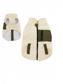 1pc Beige Fleece Lambswool Zipper Pocket Patchwork Pet Jacket Suitable For Cats/Small Dogs Autumn Winter Outdoor Warm Coat - Beige - View 12