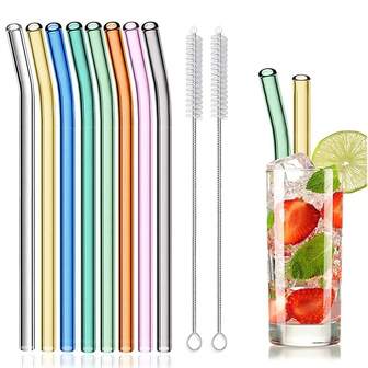 8pcs Reusable High Heat Resistant Glass Straws, Drinking Straws Suitable For Milkshakes, Smoothies, Tea, Juice, Cocktails - Assorted Colors