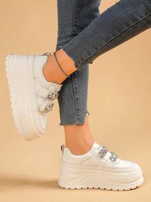 女式厚底坡跟运动鞋，新款水钻钩环休闲白鞋，学生百搭鞋 - 白色 - 查看 5