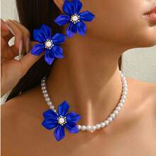 3 Stücke elegantes Halsketten + Ohrringe Schmuckset für Frauen, französischer romantischer Palast-Stil, Kunstperle, 3D rote gewebte Acrylblumen Design, geeignet für den täglichen Gebrauch, Bankette, luxuriöses Geschenk - Blau - Übersicht 5