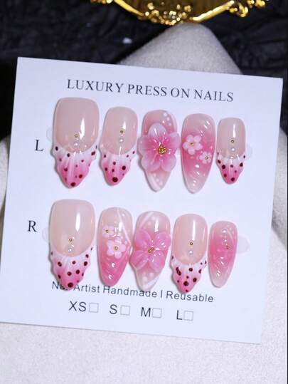 Romantic Gorgeous 10pcs Almond 3D Hand Carved Flower Ombre Pink & Nude Press On Nails Handmade French Style False Nails Reusable Fake Nails For DIY Nail Beauty Products For Holidays Autumn And Winter Girls & Women