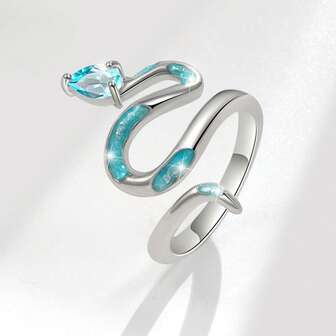 1 件 925 纯银个性化蛇形锆石镶嵌开口戒指，创意优雅冰蓝色，适合日常、派对佩戴，馈赠亲朋好友