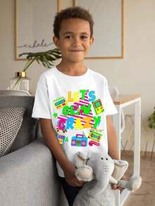 Boys' Retro 80s Neon Graphic T-Shirt - Glowing Cassette Tape & 's Cube Design, Let's Go Crazy 80s Party Outfit, Casual Round Neck Tee For Themed Events & Casual Attire (Machine Washable) - White Base With Neon Colors, Stretchy Comfortable Fabric, Playful Retro Gaming & Pop Culture Graphics, All-Season Wear For Boys - 白色 - 查看 3