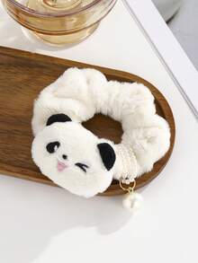 New Cute Panda Pearl Scrunchie Hair Tie, Sweet Cartoon Plush Pom Pom Ponytail/Bun Holder, Casual Elegant Bohemian Hair Accessories, Suitable For Spring, Summer, Autumn, Winter, Ponytail Holders, Hair Elastics, Hair Rubber Bands, Scrunchies, Hair Rope