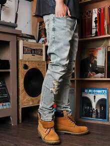 Streetwear Elastic Slim Fit Casual Distressed Denim Jeans For Men - Rửa nhẹ - Xem 3