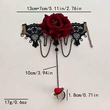 Vintage Gothic Red Rose Bracelet With Ring, Halloween Lace Flower Wristband, Bridal Accessory, Fashionable Vintage One-Piece Bracelet Jewelry - S001-01 đen + đỏ - Xem 4