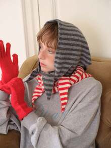 欧洲设计师针织条纹小三角围巾，女士保暖条纹围脖头巾，街头时尚头巾，可爱女孩小三角围巾，秋冬连衣裙搭配 - 彩色 - 查看 3