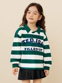 mini bala Young Girl Teddy Bear Polo Shirt Long Sleeve College Style Cute Soft Cotton Tee - Green and White - View 2