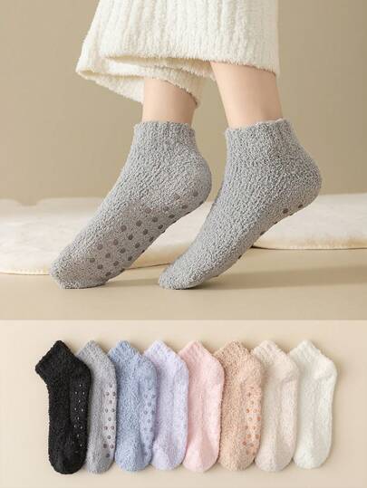 1/4 Pair Women's Thick Coral Fleece Socks With Silicone Anti,Slip Sole, Warm Indoor Home Floor Socks For Winter, Cozy Socks