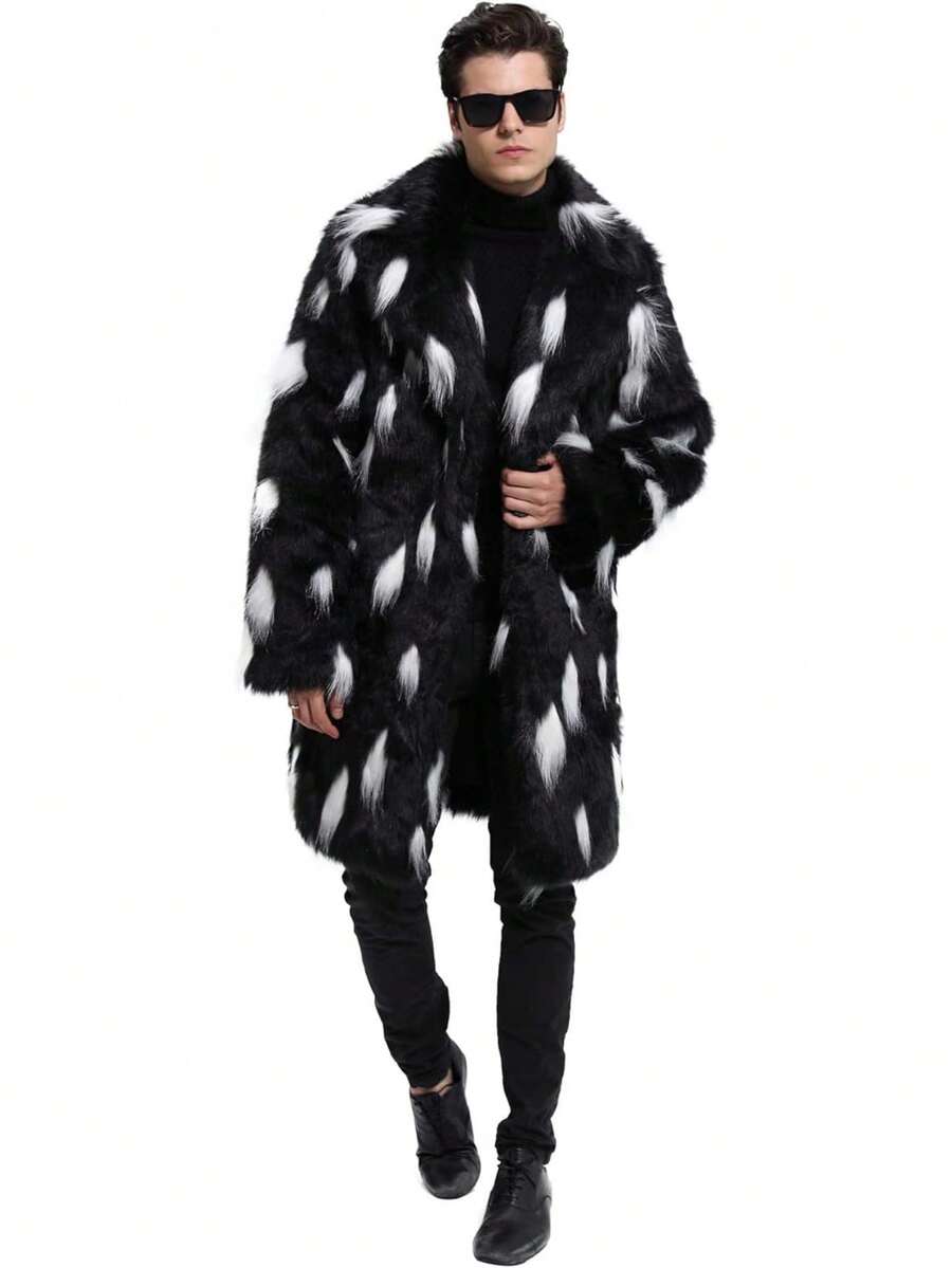 New Men's Square Collar Fluffy Long Coat - Grey - View 1