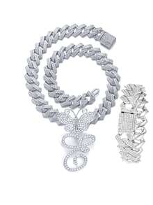 银色女士项链 A-Z 首字母个性化嘻哈经典蝴蝶字母吊坠链项链和手链套装饰物 26 个幸运字母，适合男女日常佩戴情人节时尚珠宝礼物，妈妈，母亲，母亲节，礼物 - 蝴蝶型 - 查看 13