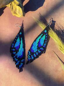 1 Pair Women's Fashion Beaded Earrings, Bohemian Style, Vintage, Animal & Insect Pattern, Blue & Orange Butterfly Shape, Tassel Pendant Swaying, Elegant Charm Fashion Accessory, Handmade, Suitable For Women, Couples Daily Wear/Daily Gift, Suitable As Holiday Gift