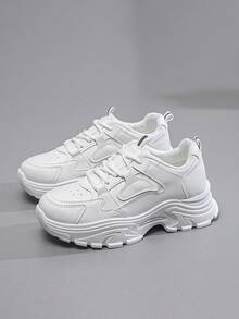 2025年春秋季新款女士厚底运动鞋，百搭休闲简约厚底运动鞋 - 白色 - 查看 1