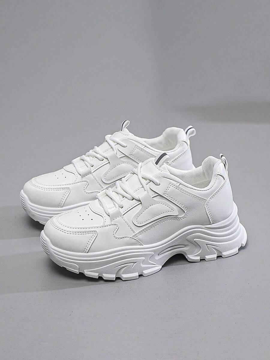 2025年春秋季新款女士厚底运动鞋，百搭休闲简约厚底运动鞋 - 白色 - 查看 1