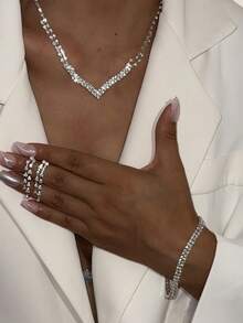 Elegant Lady Jewelry Set - Rhinestone Necklace, Earrings, And Bracelet, Fashionable Minimalist Design, Suitable For Weddings, Parties, And Formal Occasions