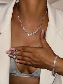 Elegant Lady Jewelry Set - Rhinestone Necklace, Earrings, And Bracelet, Fashionable Minimalist Design, Suitable For Weddings, Parties, And Formal Occasions