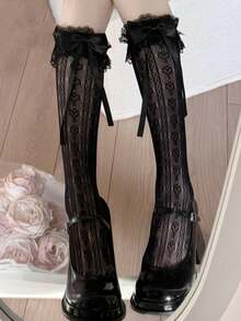 1双白色蕾丝洛丽塔过膝袜，女性化荷叶边中筒袜，日式连裤袜，洛丽塔风格，舒适袜子