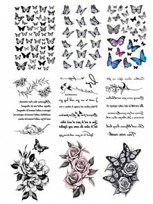 STARTTOOS 9pcs/Set Assorted Pink Rose Flower, Butterfly, Words Temporary Tattoos, Suitable For Arms, Legs, Shoulders, Neck, Collarbone, Daily, Party, Holiday Gifts - Multicolor - View 6