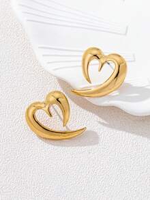 1 Pair Simple Versatile Hollow Heart, Metal Peach Heart Stud Earrings For Women, Suitable For Daily Wear, Dates, Valentine's Day, New Year Gifts, Family Gatherings, Casual Holidays - Yellow Gold - View 4