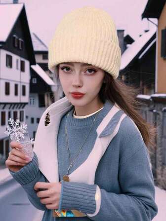 1ps White Knit Cuffed Beanie Hats For Women Winter Fur Knitted Caps Soft Slouchy Warm Snug Snow Ski Running Unisex Adult Knit Hat