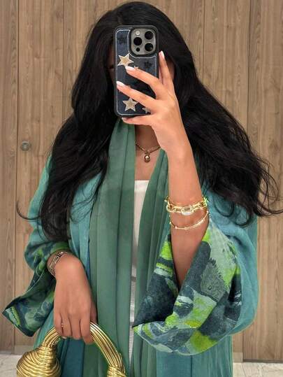 Abaya For Women, 1 Pc Fashionable Simple Asymmetric Tie-Dye Retro Printed Cuffs Solid Color Robe Cardigan Abaya, French Elegant Women's Robe Dress Abaya, Suitable For Daily Life, Work, Travel, Party (Headscarf Not Included)