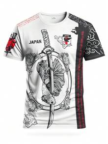 Camiseta de fútbol personalizada para hombres con diseño de espada samurái, personalizada con nombre y número, cómoda sudadera de cuello redondo adecuada para entrenamiento de fútbol, uso casual, regalo, ropa de verano, gimnasio, yoga - Blanco y Negro - Ver 3