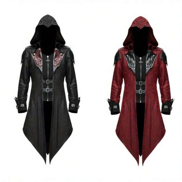 Men'S Medieval Gothic Jacket - Vintage Halloween Costume Coat With Hooded Cloak, Steampunk Renaissance Tailcoat For Cosplay, Renaissance Fairs, Themed Parties - Available In Black/Red/ - Historical Reenactment Attire, Goth Accessories, Cosplay Outfit, Intricate Detailing, Detailed Craftsmanship, Cosplay Enthusiasts, Highquality Fabric, Cosplay Fans - Red - View 2