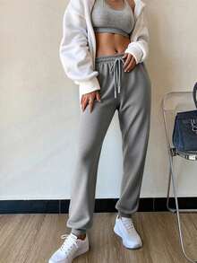 Pantalones De Cintura Alta Para Mujer Con Bolsillos En Diagonal Y Costura al frente - Gris - Ver 2