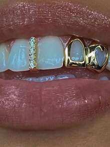 2pcs Hollow Golden Side Tooth Decor Niche Design Double Hollow Heart Shaped Teeth Decor Hip Hop Punk Style For Women, Music Festival, Party, Holiday, Couples Gift