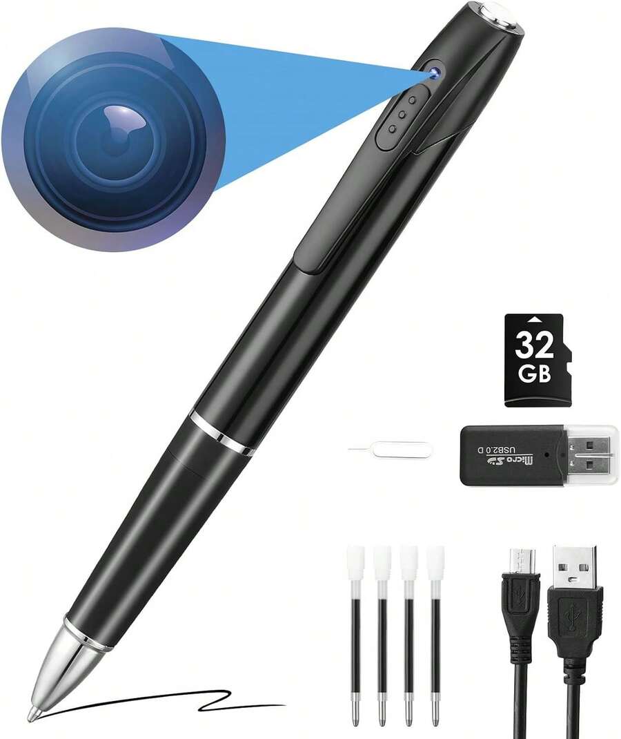 Pen With Audio And Video Recording Function, 1080P FHD Video, Portable Monitoring USB MP3 Player, Rechargeable Battery, Touch And Card Slot, Includes 32GB Memory Card, With Video - Indoor Portable Use - 黑色 - 查看 1