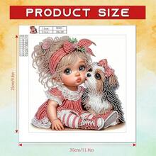 DIY 钻石画套装 - 卡通女孩和小狗，采用独特形状的钻石，是家居、客厅、卧室的完美装饰礼物