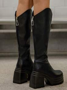 DareSee 女士V型过膝长靴，秋冬新款，弹性鞋面，后拉链，黑色高筒骑马靴，性感粗跟，仿皮外观，圣诞节冬季礼物 - 黑色 - 查看 5