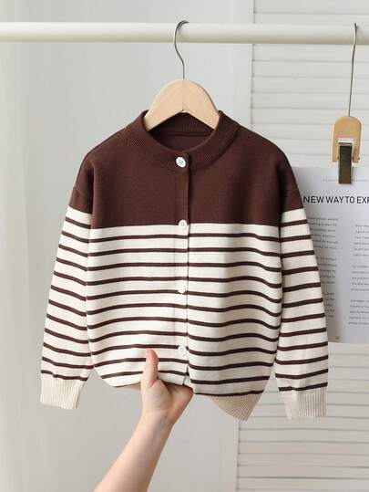 1pc Fashionable Round Neck Striped Contrast Color Knit Cardigan For Baby Boys, Brown Long Sleeve Jacket