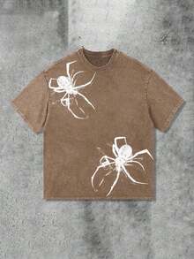 Y2K Spider Print T-Shirt (230g Pure Cotton Washed T-Shirt)% Pure Cotton Fabric-Men And Women Street Retro Loose Casual Hip-Hop Washed T-Shirt, Retro Casual All-Matching Fashion Summer Men's Daily Wear T-Shirt-White And Navy Off-The-Shoulder Cropped Top - Cà phê nâu - Xem 1