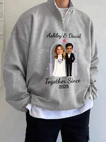 Customized Plus Size Men Crew Neck Long Sleeve Sweatshirt, Personalized Wedding Commemorative Design, Couple Portrait Replaceable, Autumn/Winter - Grey - View 3