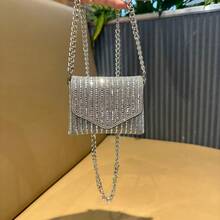 女性閃亮鏈條斜挎包，女士迷你鑲鉆小信封肩袋，鑽石手提晚宴包 - 銀色 - 查看 11