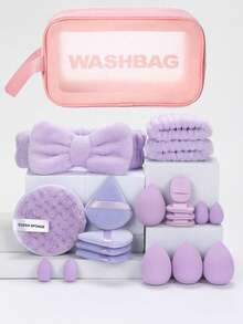 NEFOUME 21件套面部护理套装，包含防水洗漱包 + 8个化妆海绵（8个水滴形/圆形/锥形）| 防水腕带1对 + 蝴蝶结发带 | 多层收纳设计 | 清洁及发饰，价格实惠，适合作为圣诞礼物、化妆品、化妆工具等。