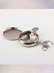 1PC Mini Cigarette Ashtray With Key Chain Smoking Accessories Stainless Steel Portable Round Shaped Silver Cigarette Supplies(Random Pattern)(Keychain Random) - Silver - View 2