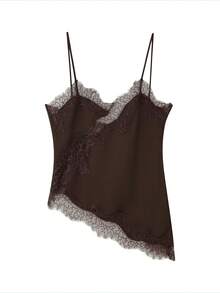 Women Satin Tops Y2K Lace Trim Camisole Asymmetrical Hem V-Neck Patchwork Tank Tops Spaghetti-Strap Backless Crop Tops Elegant Fashion Loose Cami Shirt Summer Blouse For Streetwear - Màu nâu Sô-cô-la - Xem 3