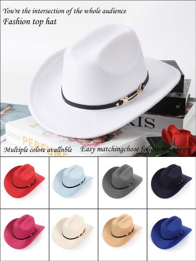 1 件男女通用纯色毛毡牛仔帽，时尚皮带扣装饰牛仔帽，别致百搭的新奇礼物，适合单身女士，适合西部主题派对、订婚、毕业典礼、表演、节日庆典、音乐节