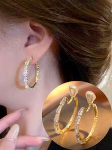 1 Cặp bông tai vòng đồng đính đá Cubic Zirconia thời trang dành cho nữ, bông tai kẹp, sáng bóng và thanh lịch, thích hợp đeo hàng ngày, quà tặng ngày lễ - Kẹp tai - Xem 1