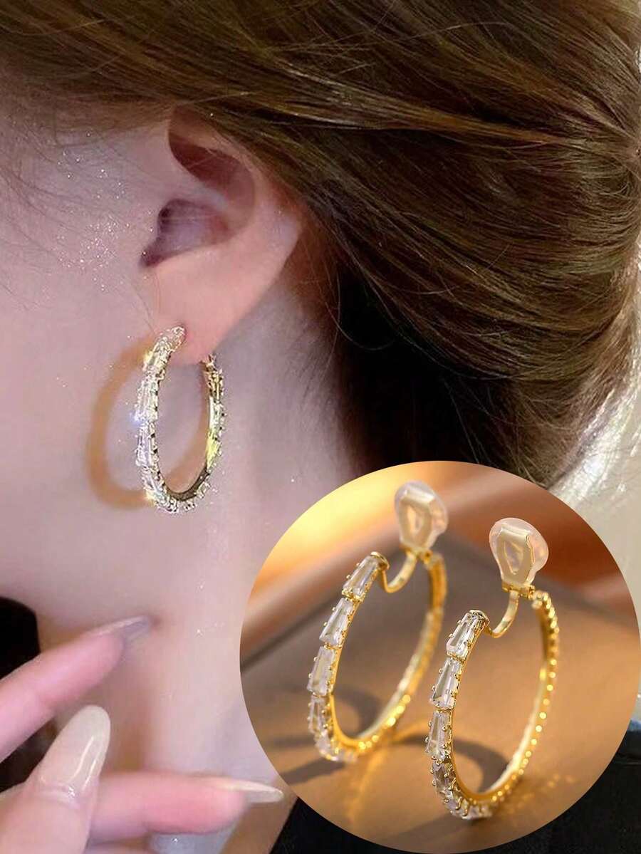 1 Cặp bông tai vòng đồng đính đá Cubic Zirconia thời trang dành cho nữ, bông tai kẹp, sáng bóng và thanh lịch, thích hợp đeo hàng ngày, quà tặng ngày lễ - Kẹp tai - Xem 1