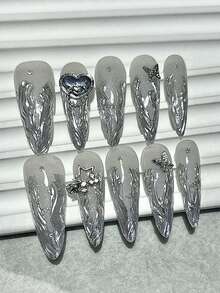 10PCS Gradient Silver Vine Gilt Heart Long Tip Press On Nails Stars Butterfly Diamonds Fake Nails Y2K Cool Handmade Press On Nails Press On Nails Long Nail Supplies (1 Sheets Jelly Stickers+1PC Nail File)