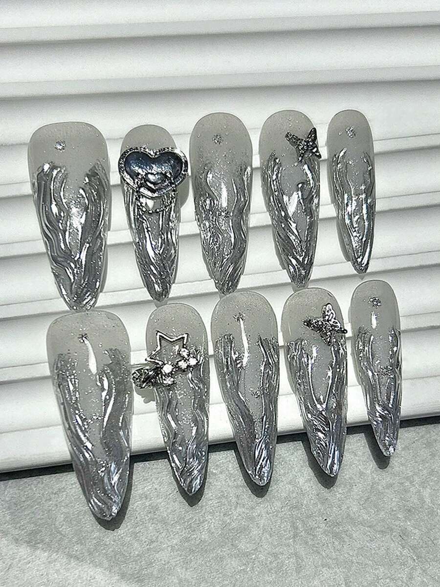 10PCS Gradient Silver Vine Gilt Heart Long Tip Press On Nails Stars Butterfly Diamonds Fake Nails Y2K Cool Handmade Press On Nails Press On Nails Long Nail Supplies (1 Sheets Jelly Stickers+1PC Nail File)